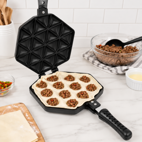Samosa Maker Mould with dough and meat filling Samosa Maker Mould with dough and meat filling