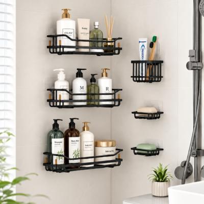Black wall-mounted 6-in-1 bathroom organizer set Black wall-mounted 6-in-1 bathroom organizer set