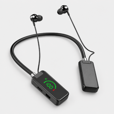 Wireless Neckband Bluetooth Headset worn by man Wireless Neckband Bluetooth Headset worn by man