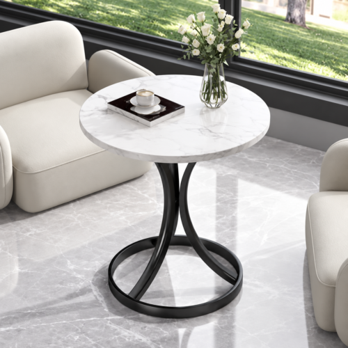 Modern Round Side Table with white marble-look top and black metal base Modern Round Side Table with white marble-look top and black metal base