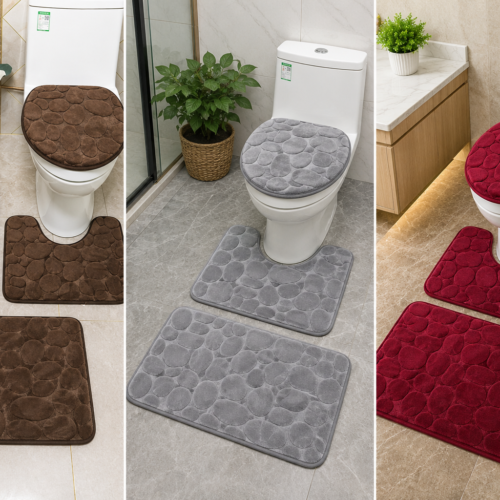 3-Piece Luxury Bathroom Mat Set in brown grey and red