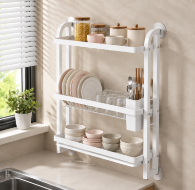 3-tier wall-mounted kitchen dish drying rack in white 3-tier wall-mounted kitchen dish drying rack in white