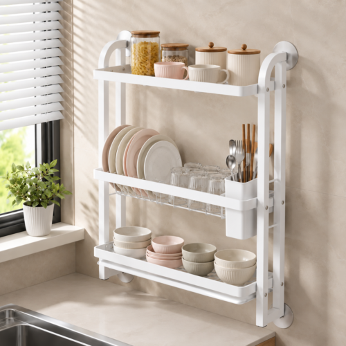 3-tier wall-mounted kitchen dish drying rack in white 3-tier wall-mounted kitchen dish drying rack in white