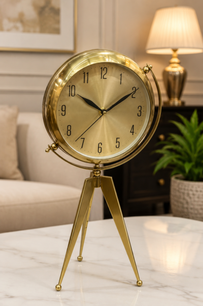 Luxury double-face table clock with round mirror and gold tripod stand Luxury double-face table clock with round mirror and gold tripod stand
