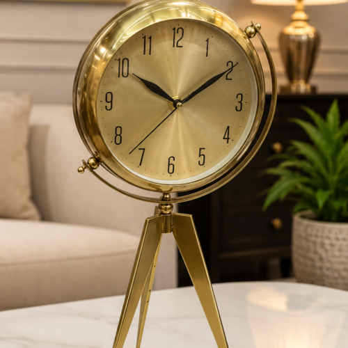 Luxury double-face table clock with round mirror and gold tripod stand Luxury double-face table clock with round mirror and gold tripod stand