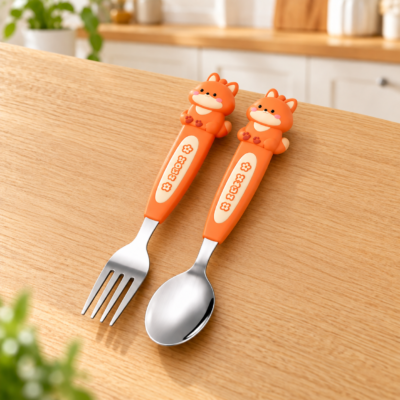 Cartoon Spoon and Fork Set for Kids in assorted animal designs orange Cartoon Spoon and Fork Set for Kids in assorted animal designs orange