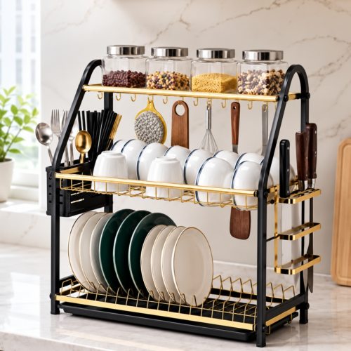 3-Tier Multifunctional Dish Drying Rack with knife rack and hooks