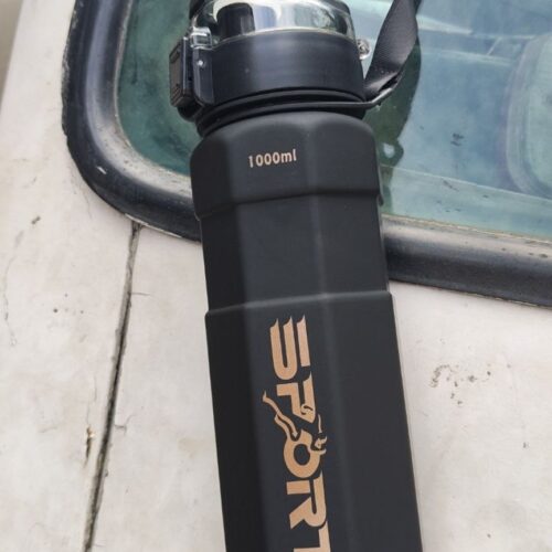 Black 1000ml Sports Water Bottle with Carry Strap