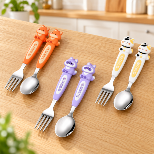 Cartoon Spoon and Fork Set for Kids in assorted animal designs
