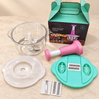 2L multifunction manual food chopper with slicing and grating attachments