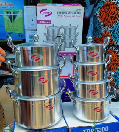 SMP 14-piece aluminium stock pot set with seven cooking pots and matching lids SMP 14-piece aluminium stock pot set with seven cooking pots and matching lids