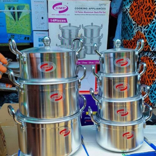 SMP 14-piece aluminium stock pot set with seven cooking pots and matching lids