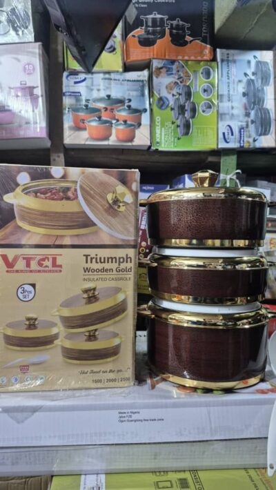 VTCL Triumph Wooden Gold 3pcs insulated casserole set in brown and gold with 1500ml 2000ml and 2500ml sizes VTCL Triumph Wooden Gold 3pcs insulated casserole set in brown and gold with 1500ml 2000ml and 2500ml sizes