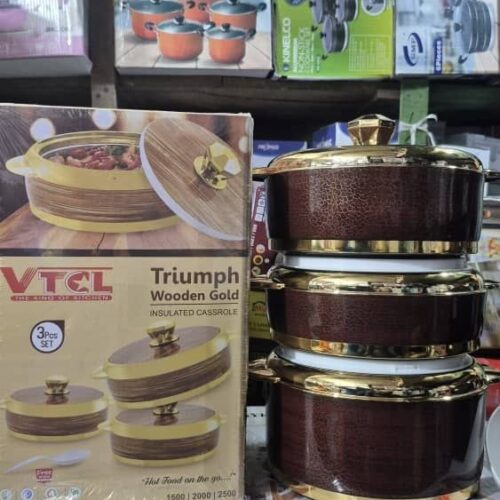 VTCL Triumph Wooden Gold 3pcs insulated casserole set in brown and gold with 1500ml 2000ml and 2500ml sizes