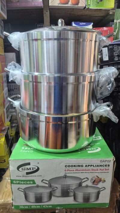 SMP 6-piece aluminium stock pot set with 38cm, 40cm and 43cm cooking pots SMP 6-piece aluminium stock pot set with 38cm, 40cm and 43cm cooking pots