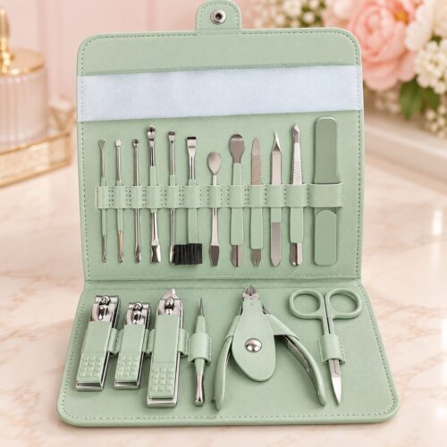 Pedicure manicure grooming set arranged inside compact green case Pedicure manicure grooming set arranged inside compact green case