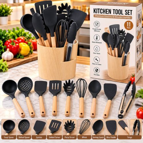 11pcs black silicone kitchen utensil set with wooden handles and storage holder