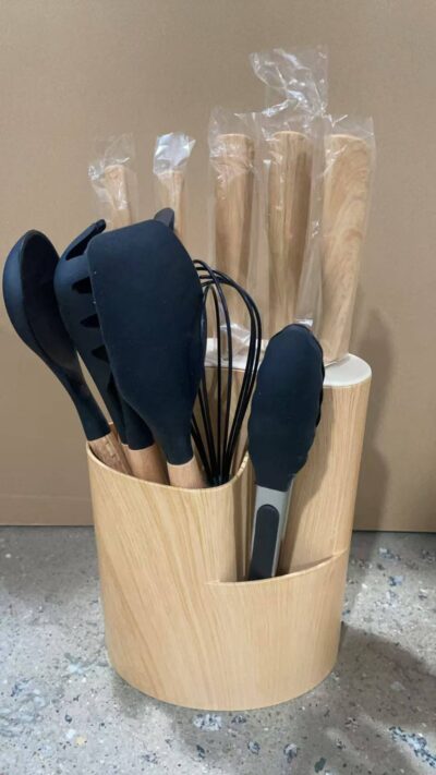11pcs black silicone kitchen utensil set with wooden handles and storage holder 11pcs black silicone kitchen utensil set with wooden handles and storage holder