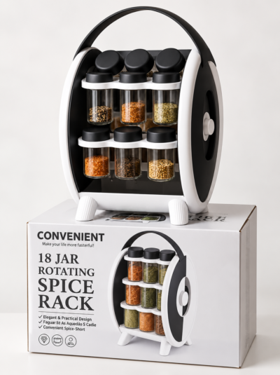 18-Jar Rotating Spice Rack with packaging and carry handle