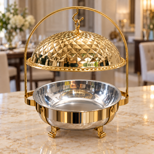 Faceted Gold Lid on Silver Bowl Luxury Gold Buffet Serving Dish with Hanging Dome Lid