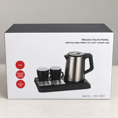 Hotel Welcome Tray Kettle Set-1 4-in-1 Hotel Kettle Tray Set with 1L electric kettle and two cups
