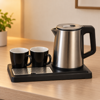Hotel welcome tray with kettle and cups-2 Hotel kettle tray set with stainless steel kettle and two ceramic cups