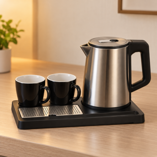 Hotel kettle tray set with stainless steel kettle and two ceramic cups