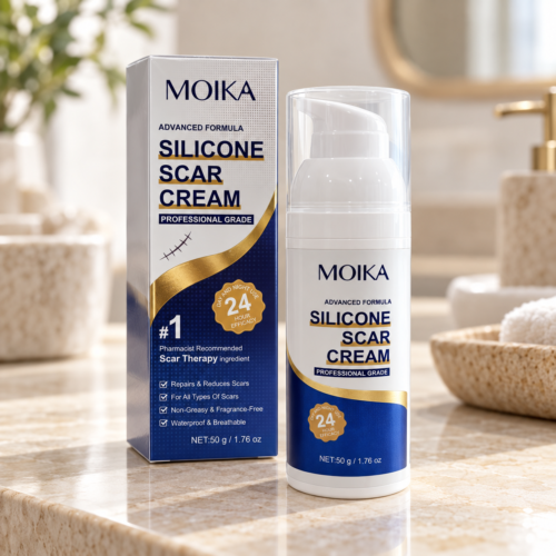 MOIKA Silicone Scar Cream 50g on bathroom vanity