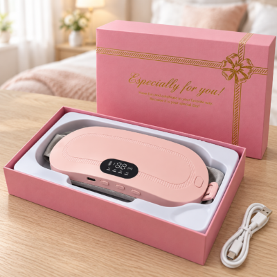 Menstrual heating belt gift set with USB-C charging cable and pink presentation box