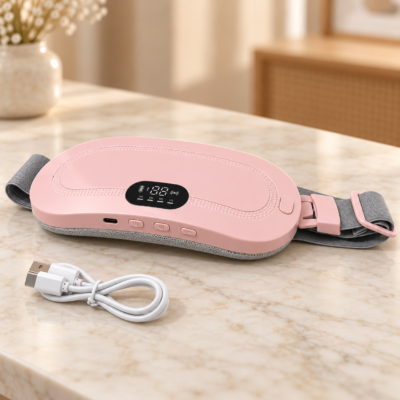 Pastel pink menstrual heating belt with digital display and adjustable strap
