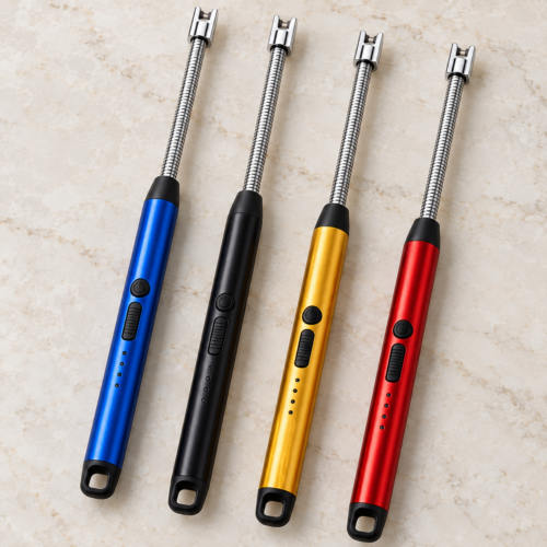 USB rechargeable flexible-neck lighters in blue black gold and red