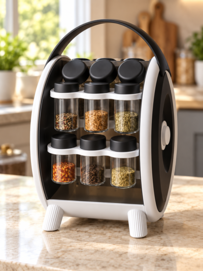 18-Jar Rotating Spice Rack with clear spice jars on kitchen counter