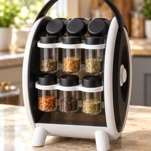 18-Jar Rotating Spice Rack with clear spice jars on kitchen counter