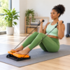 Seated resistance stepper workout-2 Woman exercising with multifunction fitness stretching board and resistance bands