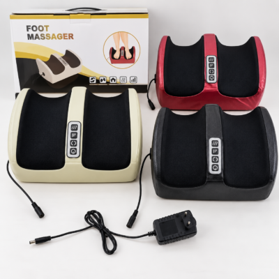 Electric foot massager in black burgundy and cream colours with power adapter