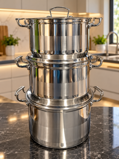 Three stacked stainless steel stockpots (1) 6-piece stainless steel cookware set with three stockpots and lids
