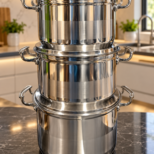 6-piece stainless steel cookware set with three stockpots and lids